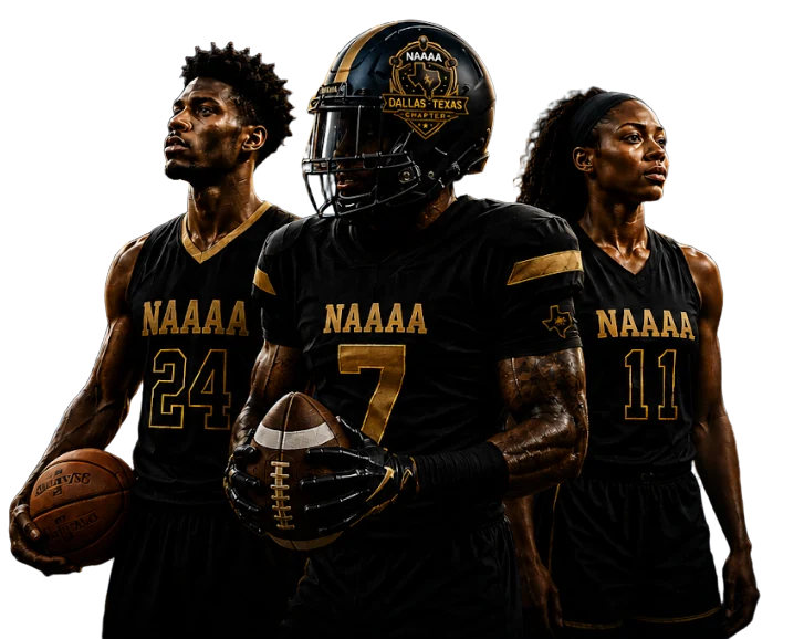 NAAAA Dallas Chapter athletes (#24, #7, #11) with gold Texas star and Dallas nighttime skyline