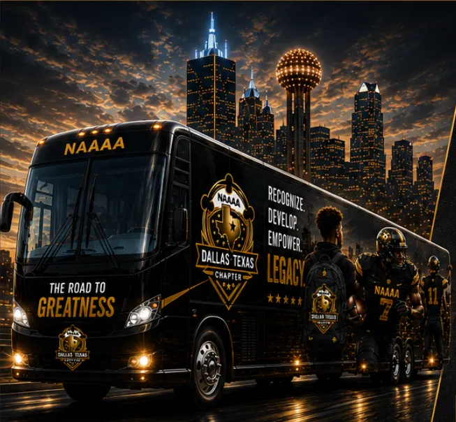 2026 NAAAA Athletic Summer College Bus Tour: NAAAA bus rolling through downtown Dallas at night